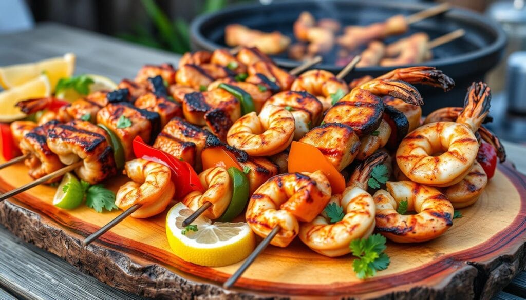 grilled chicken and shrimp skewers